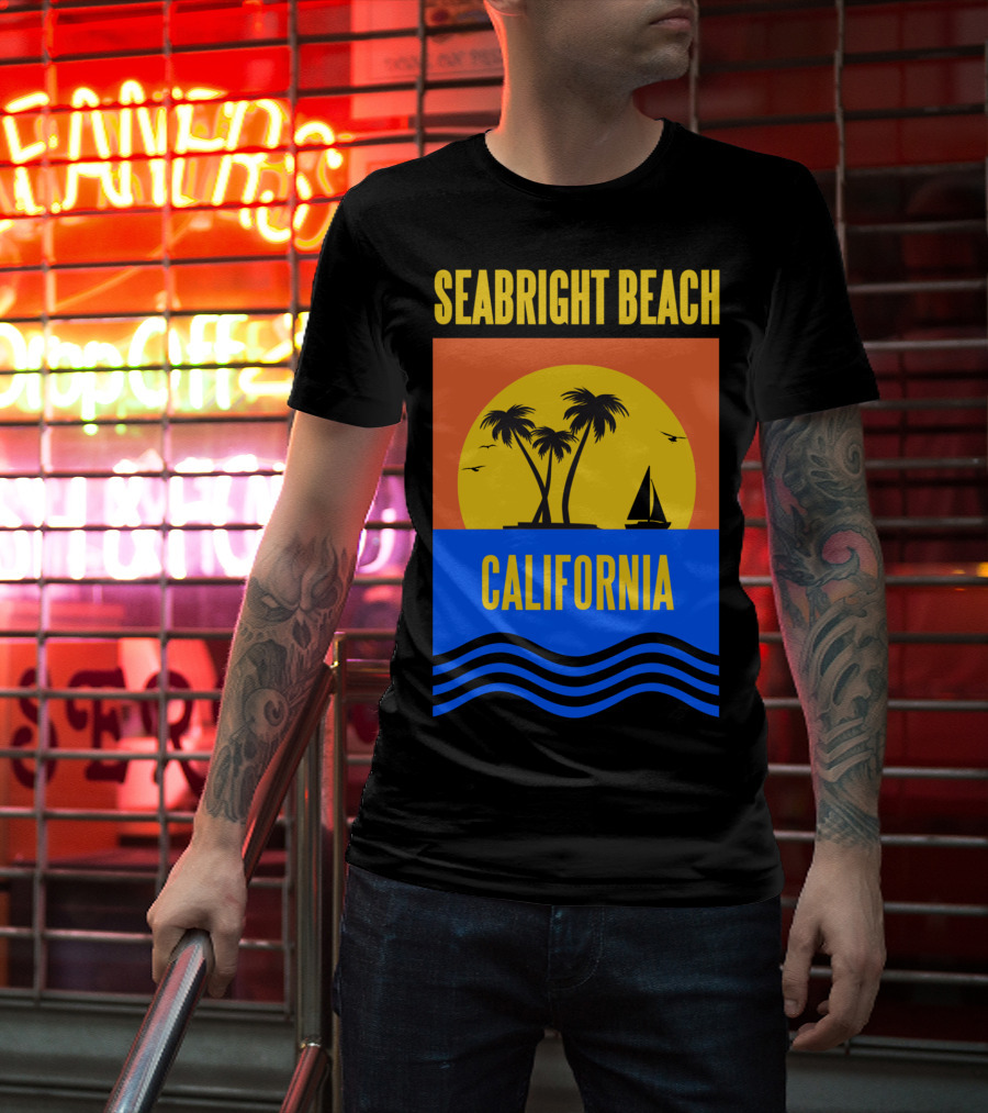 Seabright Beach California Sunset Palm Trees Sailboat Vacation T-Shirt