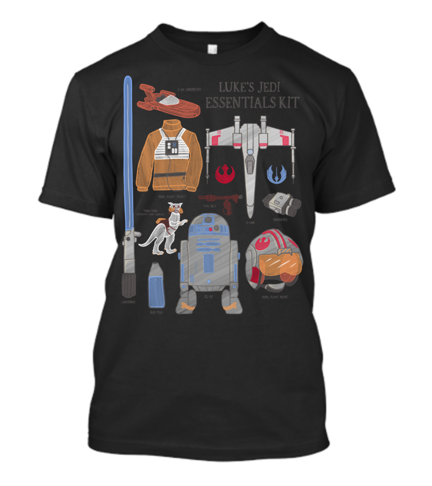 Star Wars Luke's Jedi Essentials Kit Landspeeder Rebel Flight Jacket X-Wing Starfighter Lightsaber Tauntaun Rebel Helmet R2-D2 T-Shirt