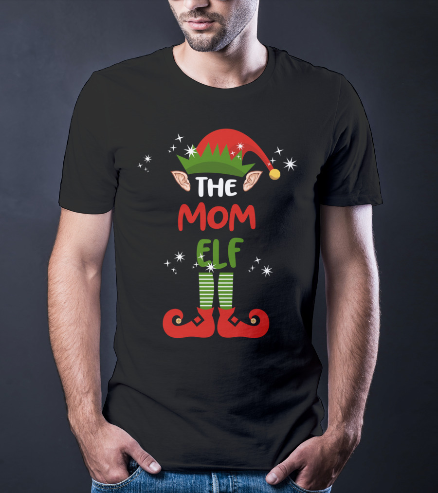 The Mom Elf Funny Christmas Elf Hat Ears Striped Socks Red Shoes T-Shirt