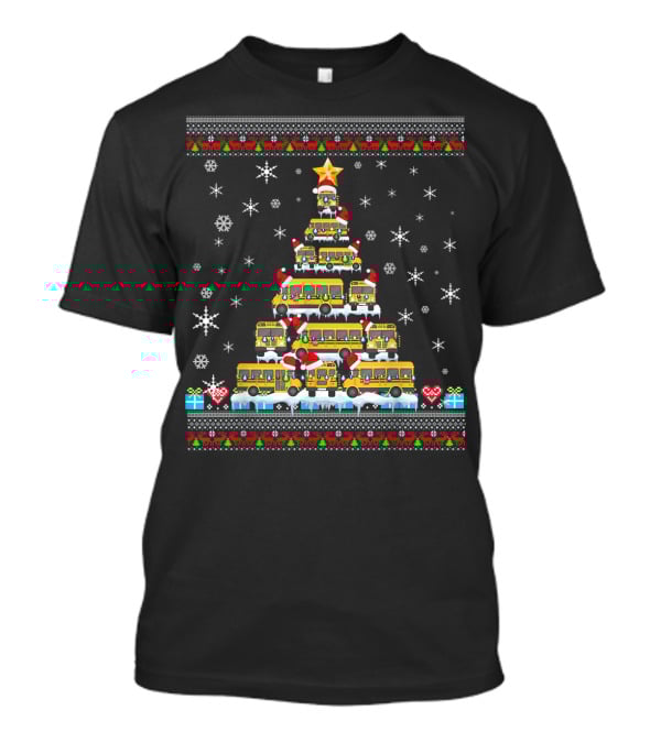 Ugly Christmas Tree Built From School Buses With Snowflakes And Holiday Decorations For Bus Driver Lovers T-Shirt