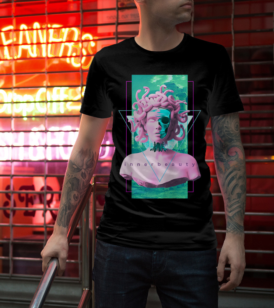 Vaporwave Inner Beauty Medusa Statue With Skull Aesthetic T-Shirt