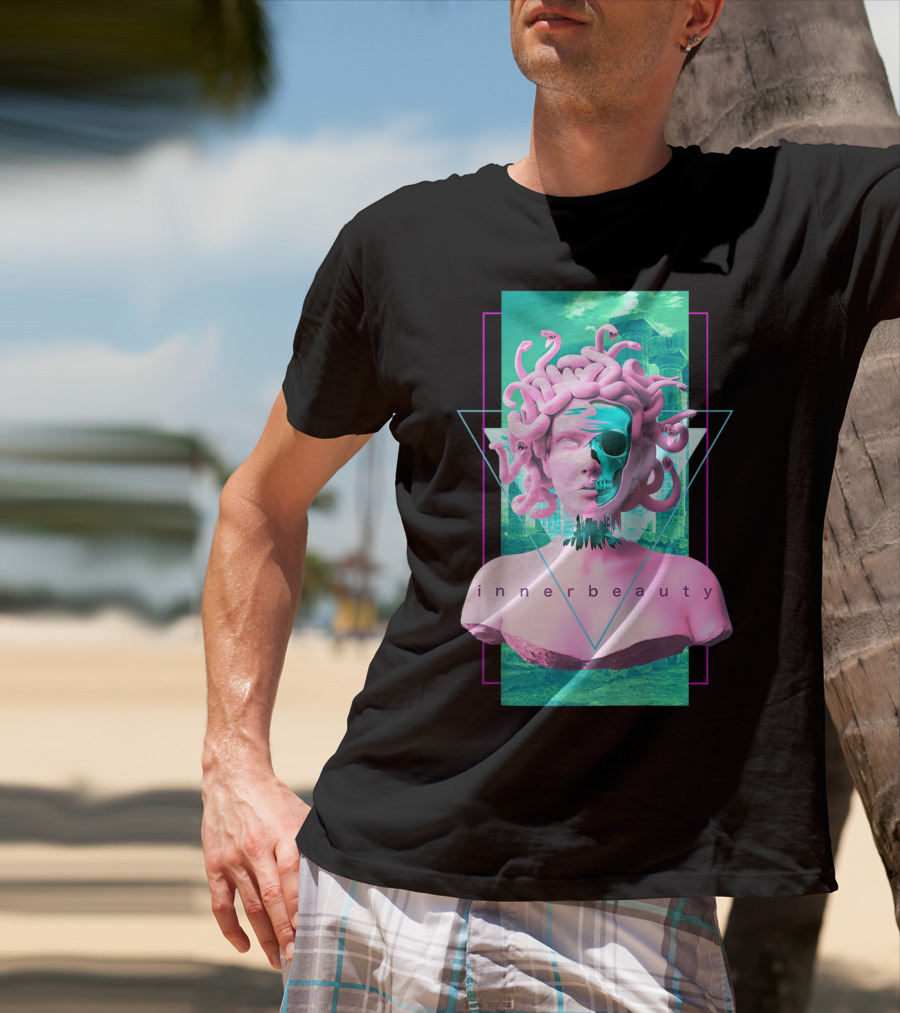 Vaporwave Inner Beauty Medusa Statue With Skull Aesthetic T-Shirt