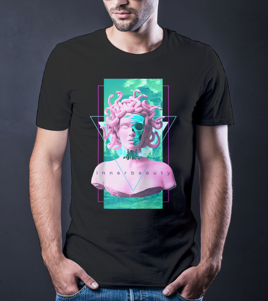 Vaporwave Inner Beauty Medusa Statue With Skull Aesthetic T-Shirt