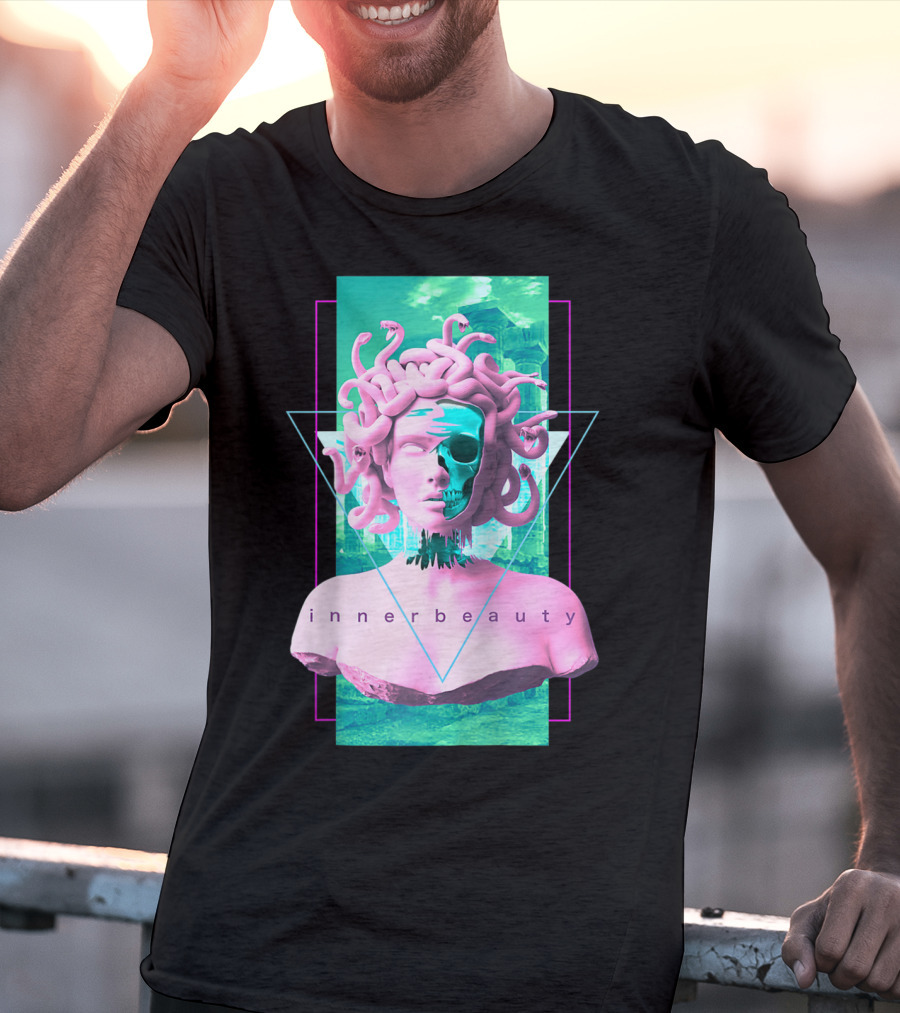 Vaporwave Inner Beauty Medusa Statue With Skull Aesthetic T-Shirt