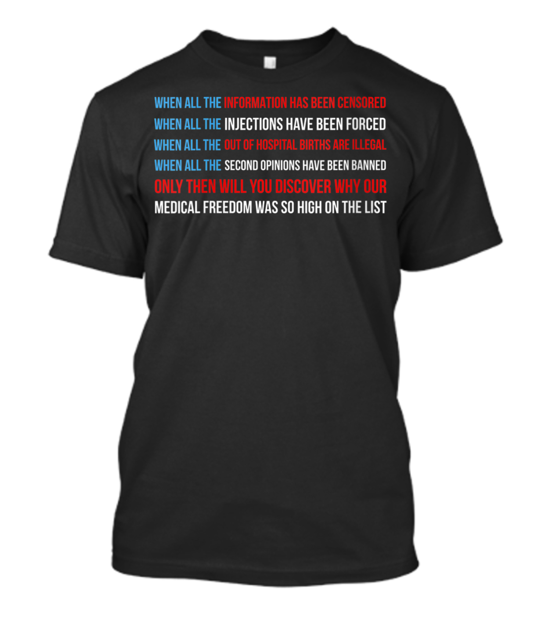 American Flag Medical Freedom Information Censored Injections Forced Out Of Hospital Births Illegal Second Opinions Banned T-Shirt