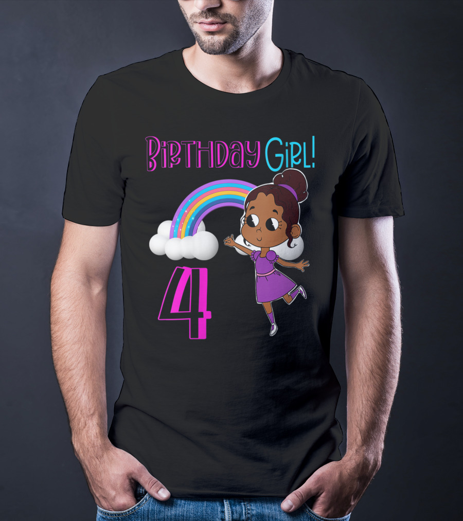 Birthday Girl 4 African American Rainbow And Girl In Purple Dress T-Shirt