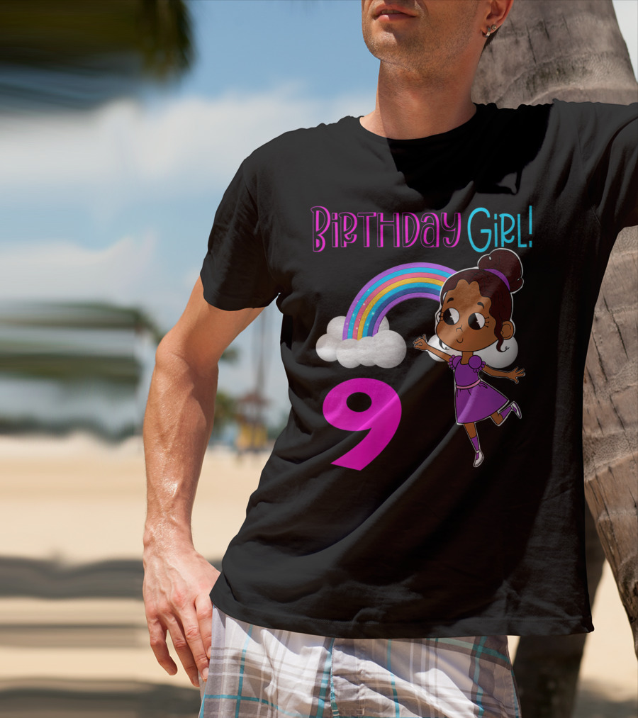 Birthday Girl 9 African American Rainbow Purple Dress T-Shirt
