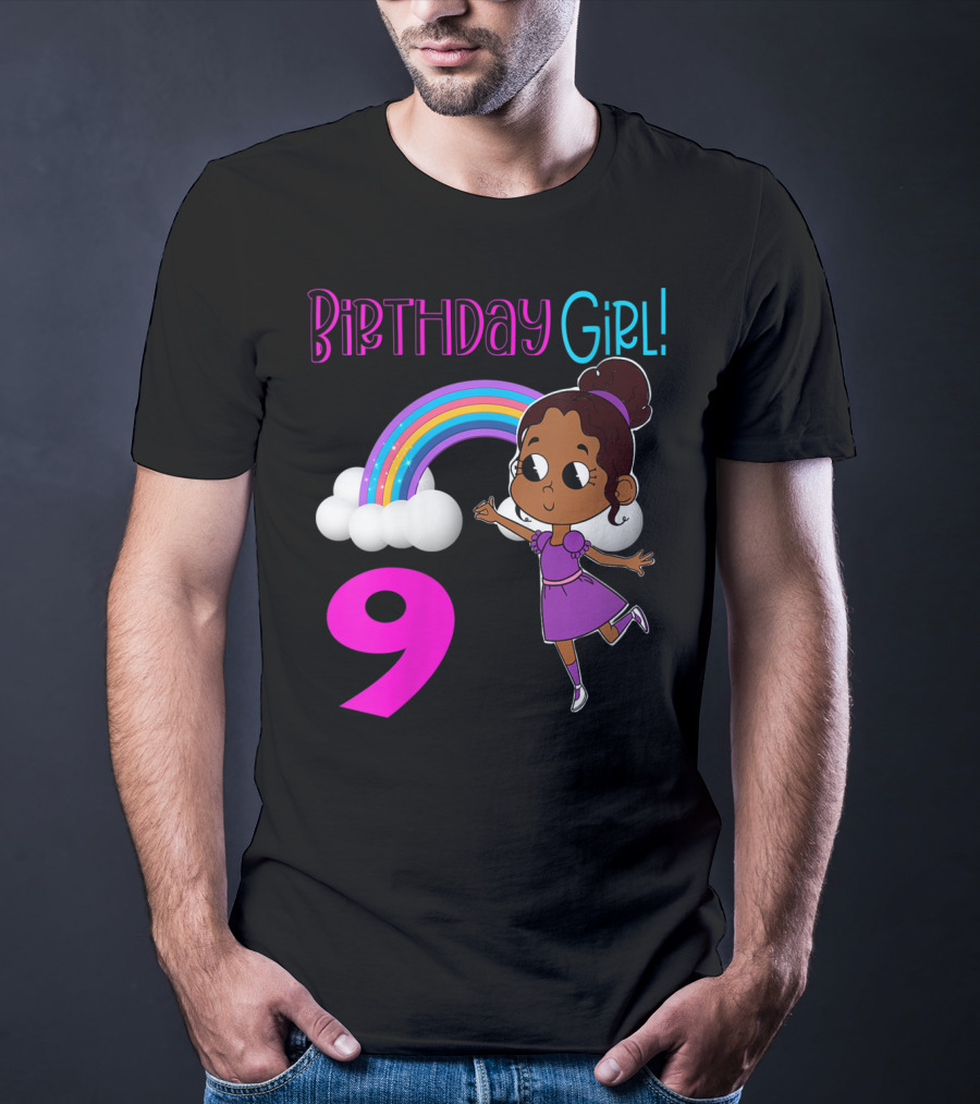 Birthday Girl 9 African American Rainbow Purple Dress T-Shirt
