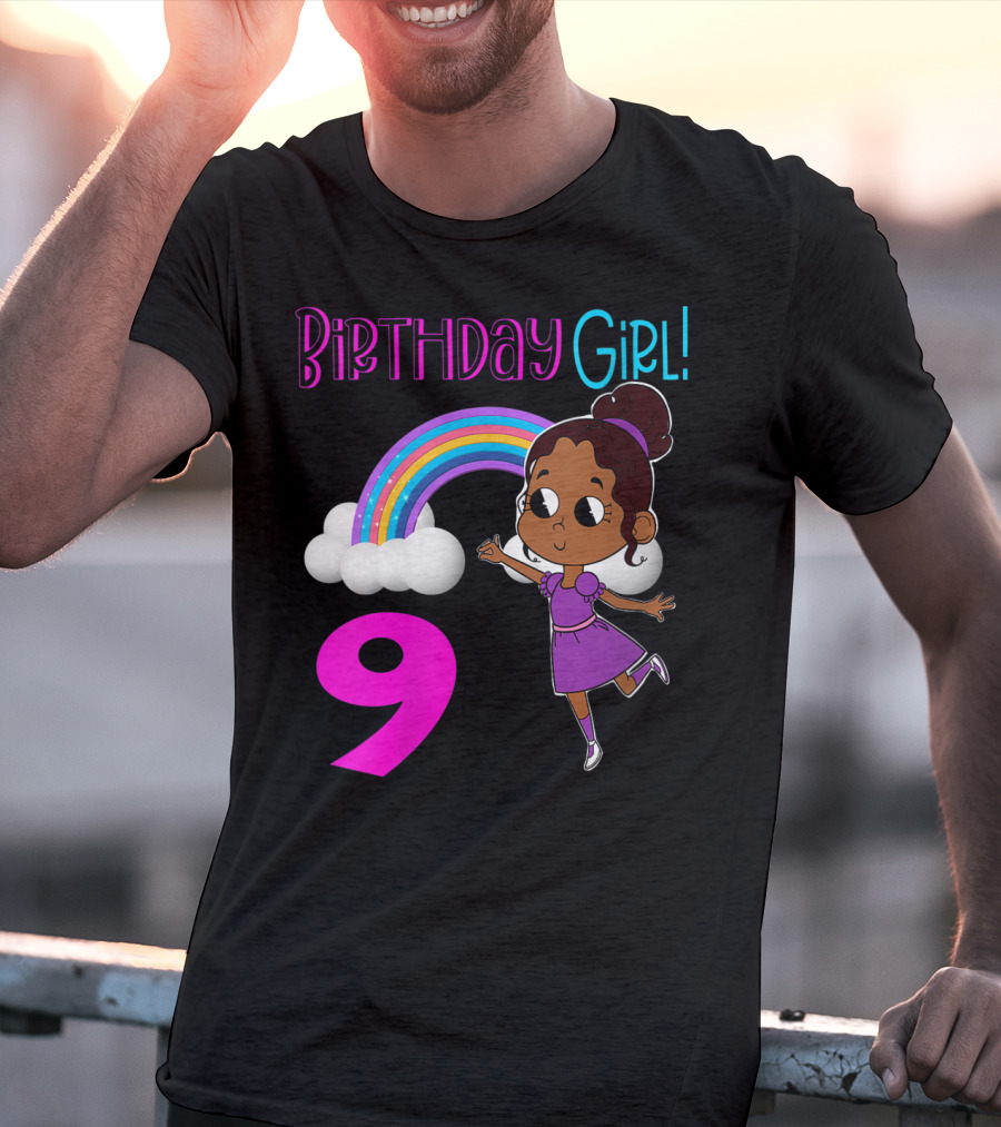 Birthday Girl 9 African American Rainbow Purple Dress T-Shirt