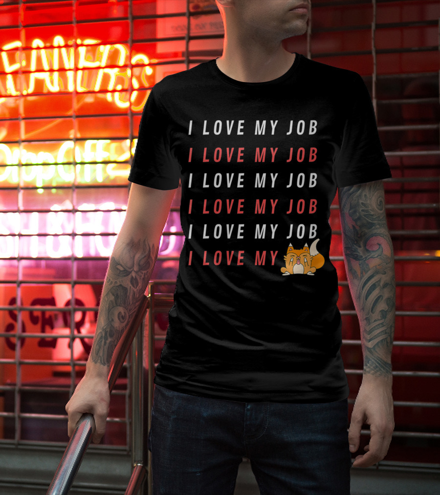 I Love My Job Cat Showing Middle Finger Repeated Text T-Shirt