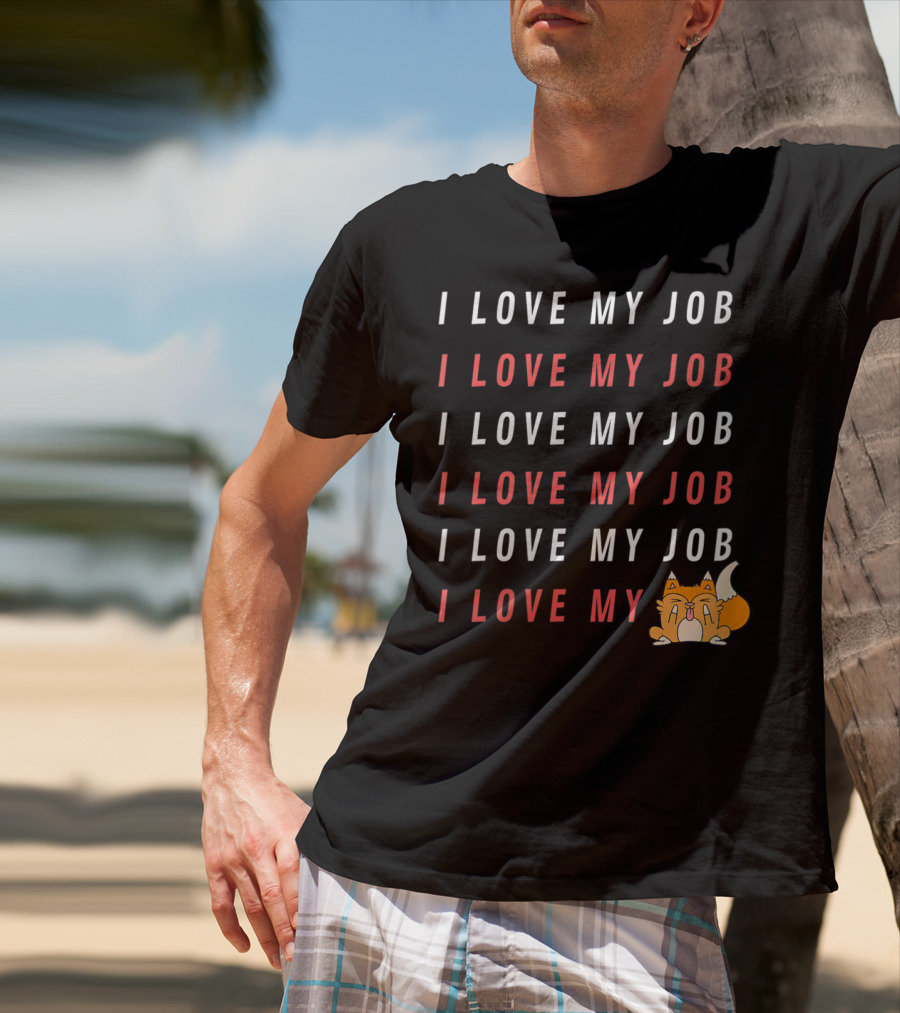 I Love My Job Cat Showing Middle Finger Repeated Text T-Shirt