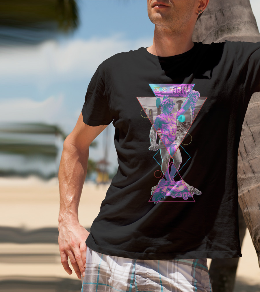 Perseus And Medusa Vaporwave Aesthetic With Japanese Text And Geometric Shapes T-Shirt