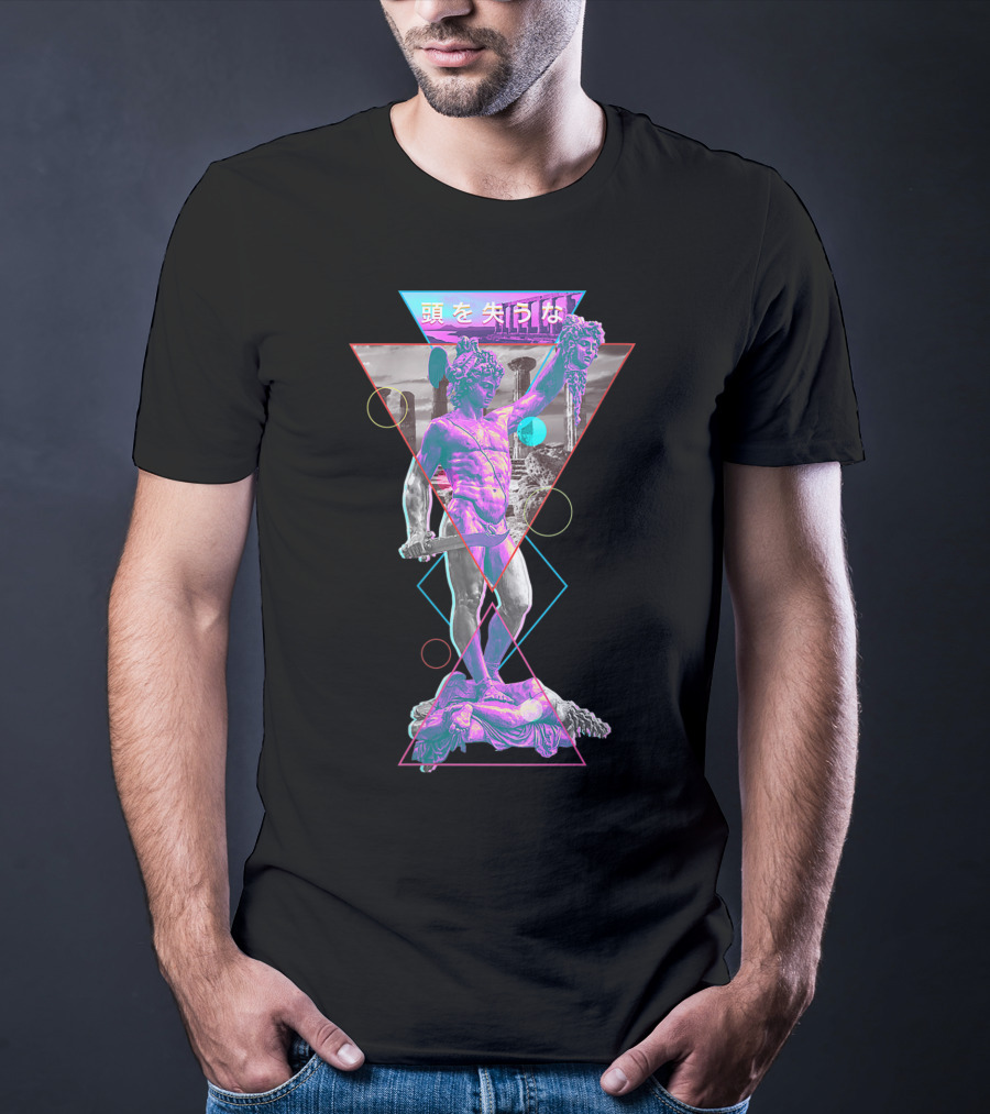 Perseus And Medusa Vaporwave Aesthetic With Japanese Text And Geometric Shapes T-Shirt