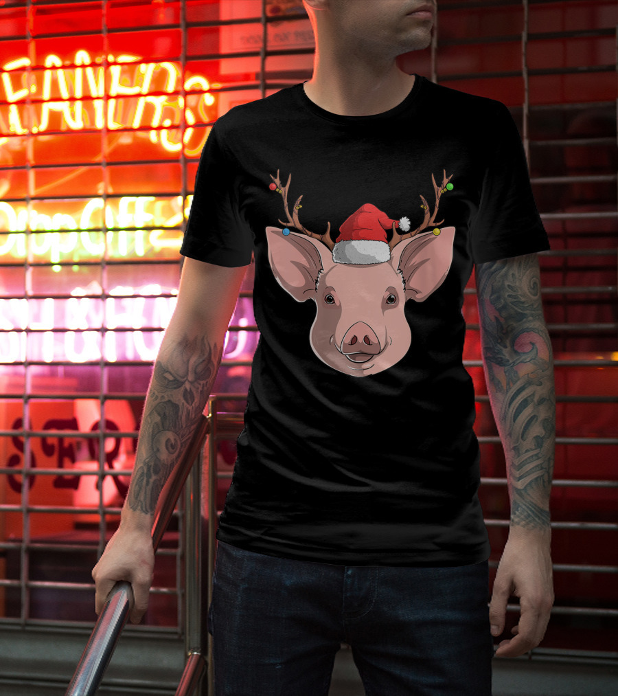 Pig With Santa Hat And Reindeer Antlers T-Shirt