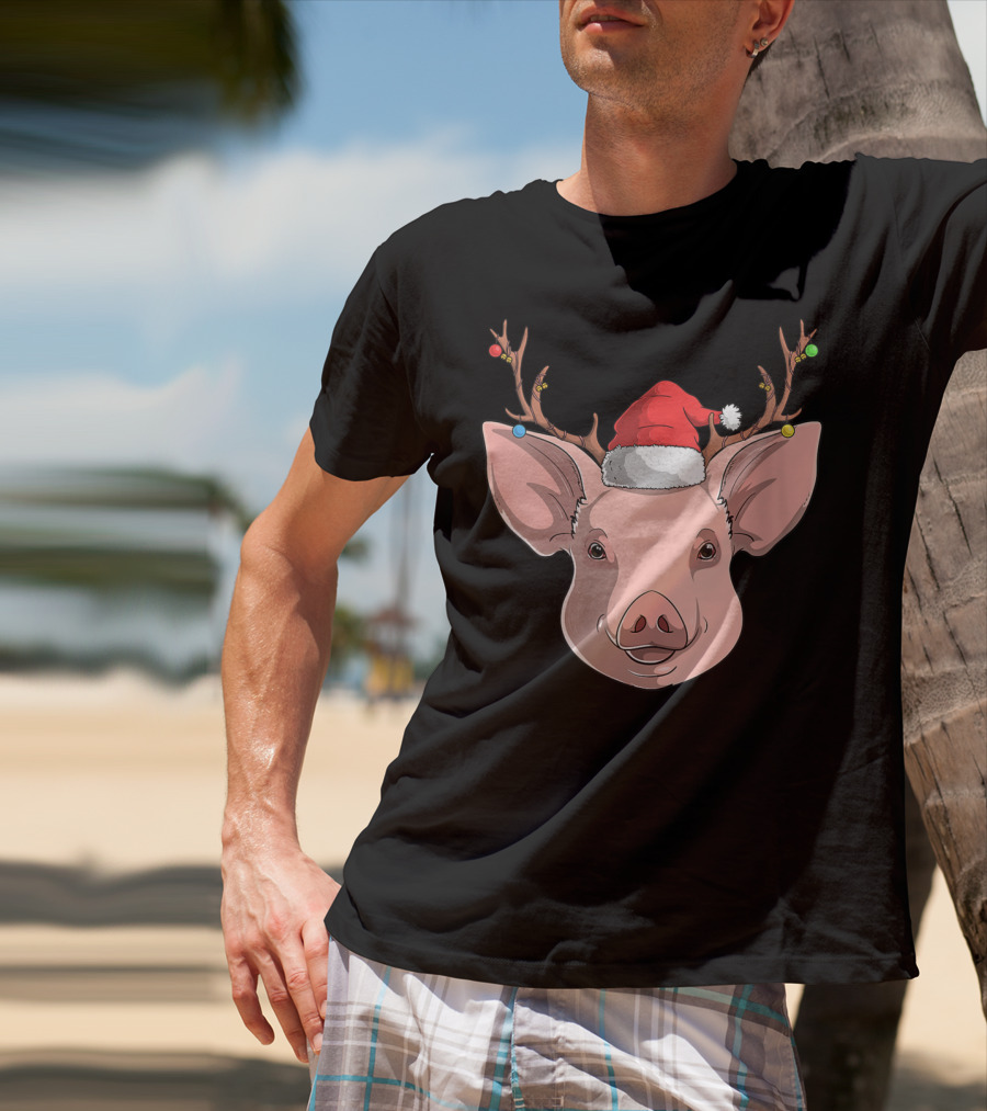 Pig With Santa Hat And Reindeer Antlers T-Shirt