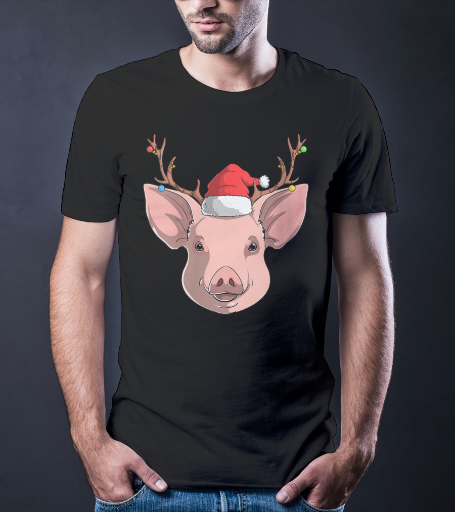 Pig With Santa Hat And Reindeer Antlers T-Shirt
