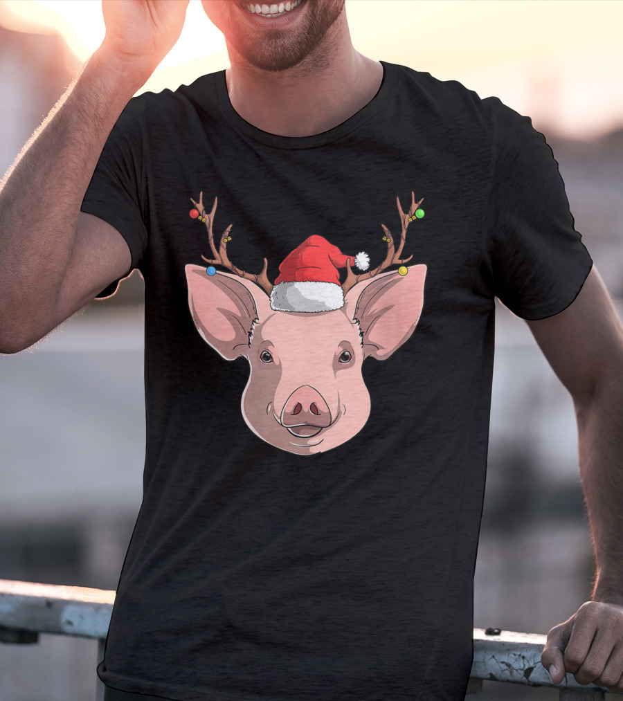 Pig With Santa Hat And Reindeer Antlers T-Shirt