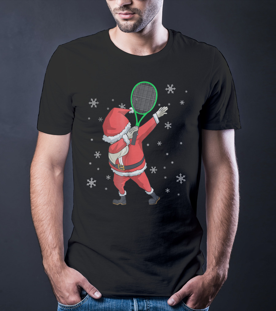 Dabbing Santa Claus With Tennis Racket And Snowflakes T-Shirt