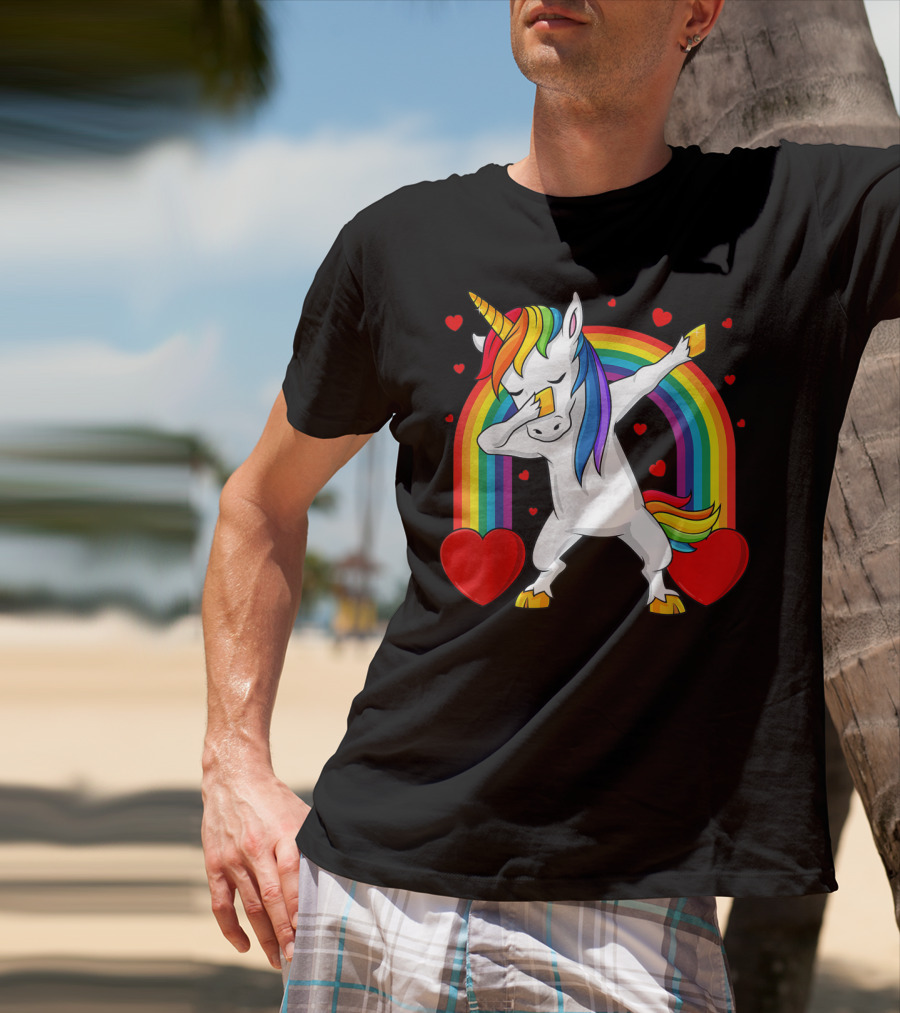 Dabbing Unicorn With Rainbow And Hearts T-Shirt