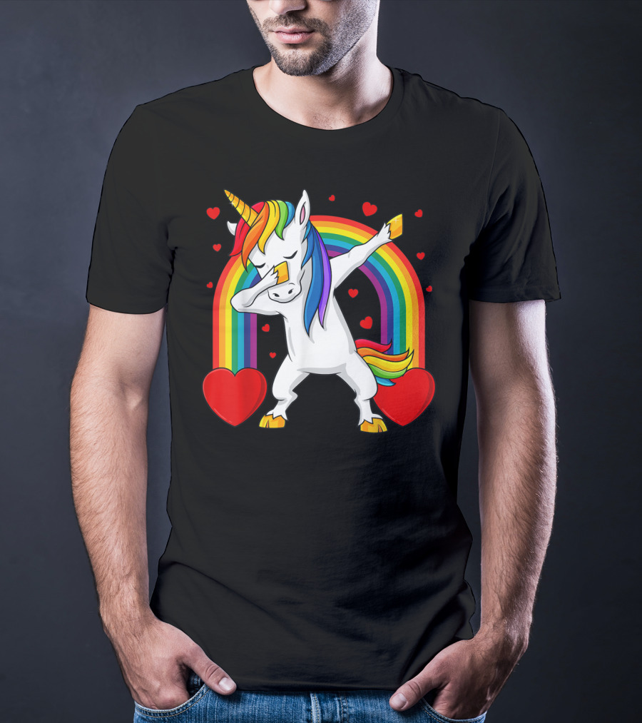 Dabbing Unicorn With Rainbow And Hearts T-Shirt