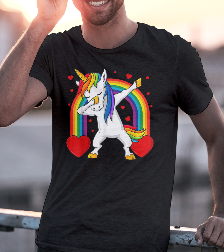 Dabbing Unicorn With Rainbow And Hearts T-Shirt