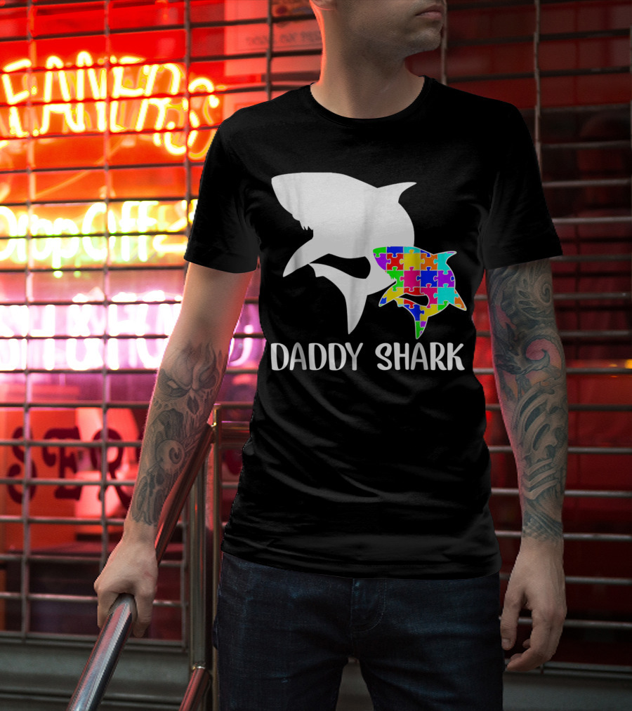 Daddy Shark Autism Awareness Puzzle Colorful T-Shirt