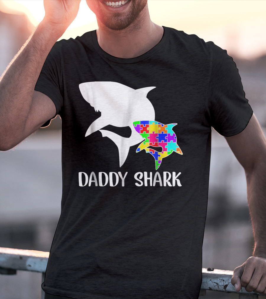 Daddy Shark Autism Awareness Puzzle Colorful T-Shirt