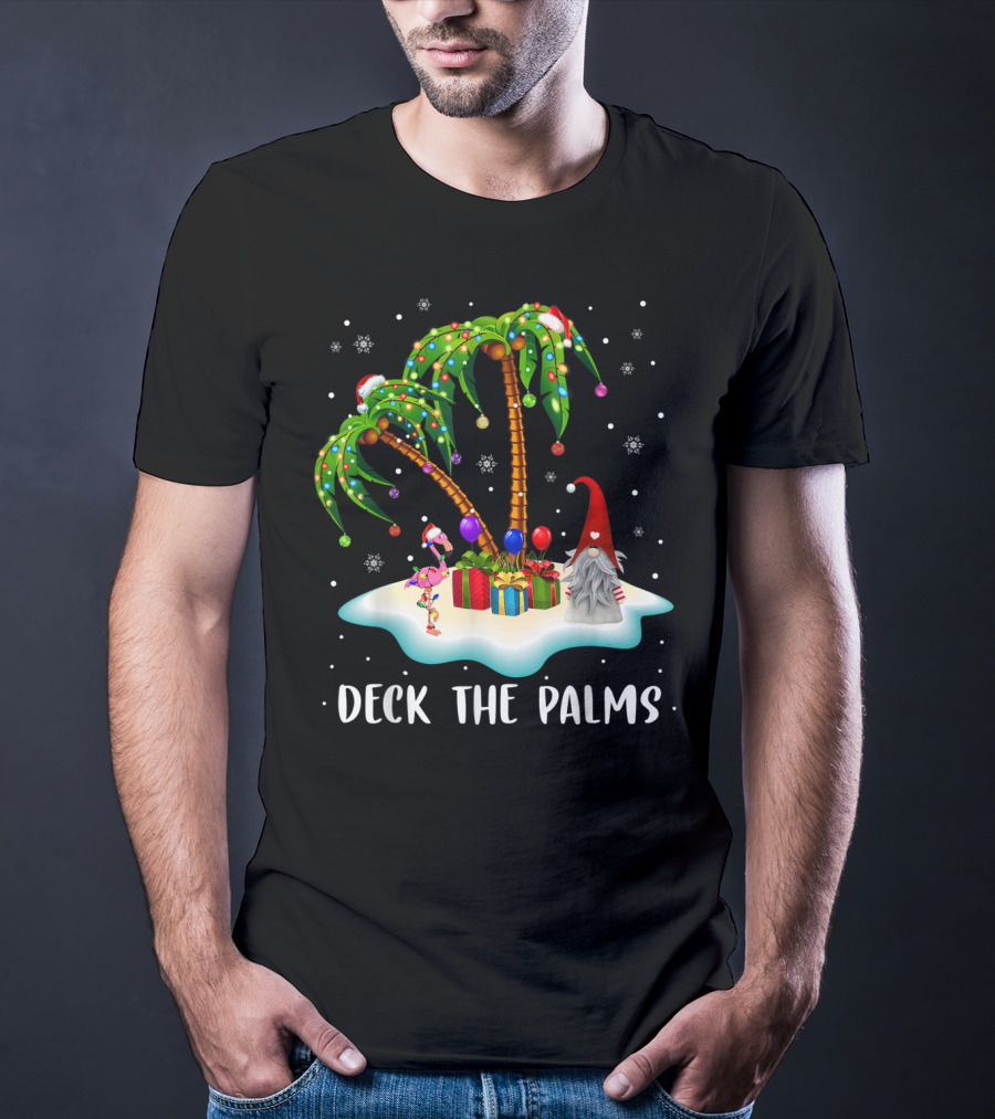 Deck The Palms Tropical Christmas Palm Tree With Santa Hat Flamingo And Gnome On Snowy Island T-Shirt