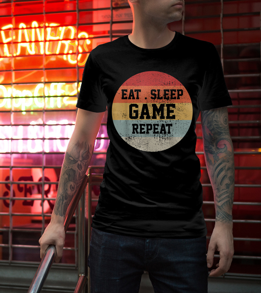 Eat Sleep Game Repeat Vintage Retro Stripes T-Shirt