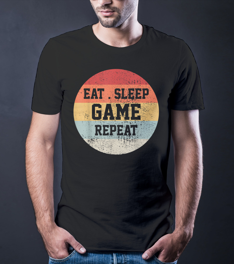 Eat Sleep Game Repeat Vintage Retro Stripes T-Shirt