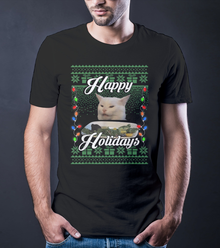 Happy Holidays Cat Meme With Festive Lights And Green Gift T-Shirt