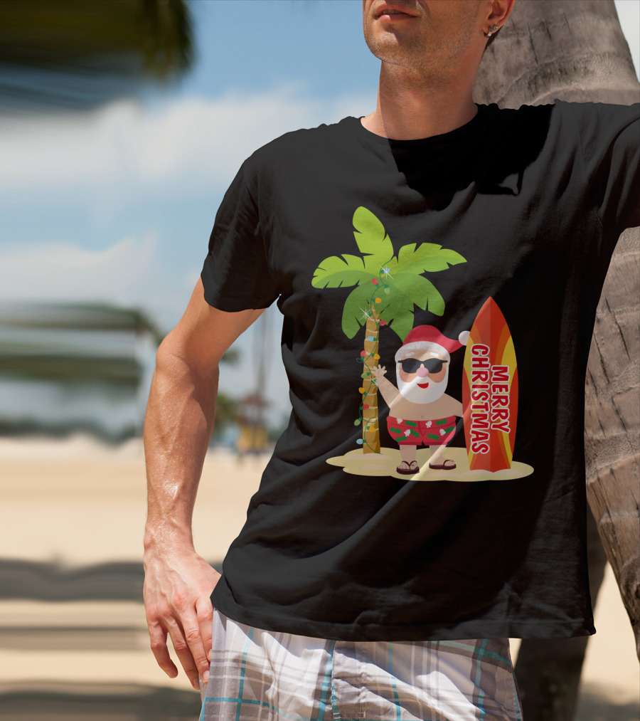 Merry Christmas Hawaiian Funny Ugly Cute Surfing Santa Holiday T-Shirt
