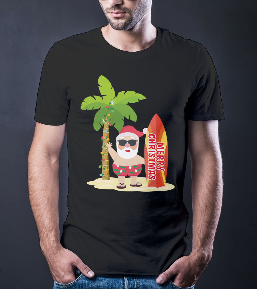 Merry Christmas Hawaiian Funny Ugly Cute Surfing Santa Holiday T-Shirt