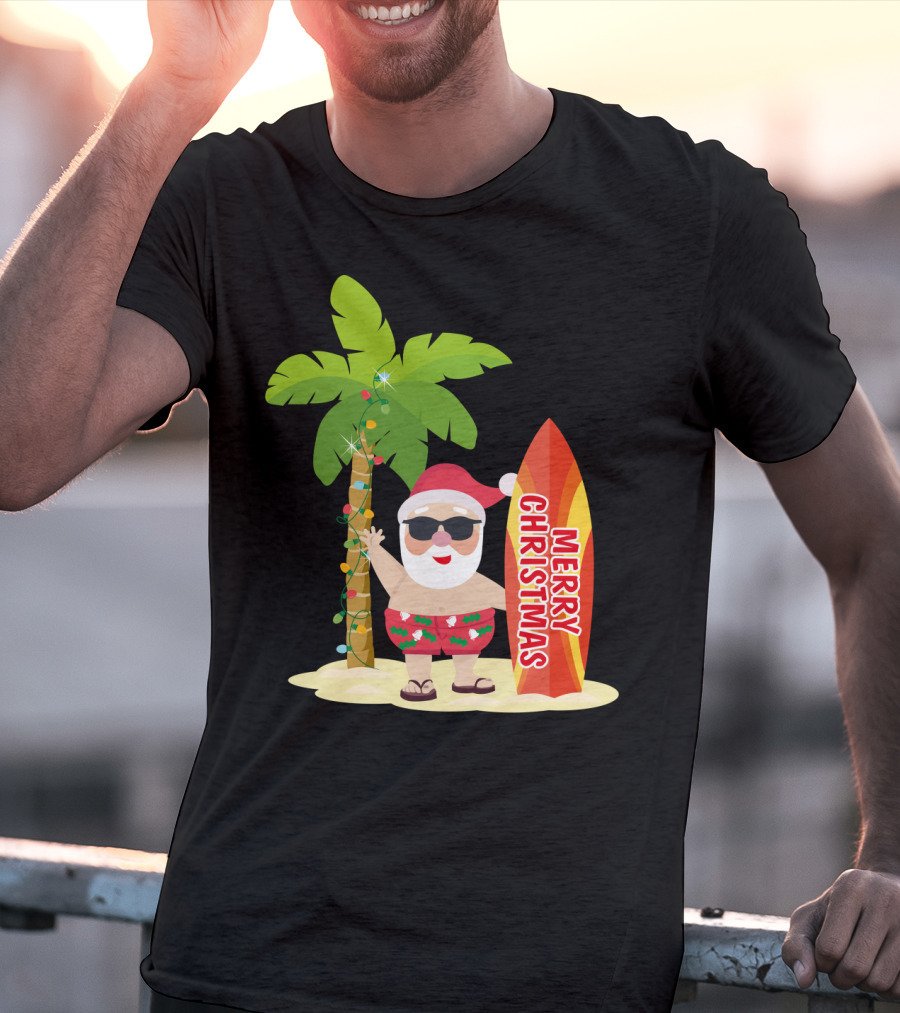 Merry Christmas Hawaiian Funny Ugly Cute Surfing Santa Holiday T-Shirt