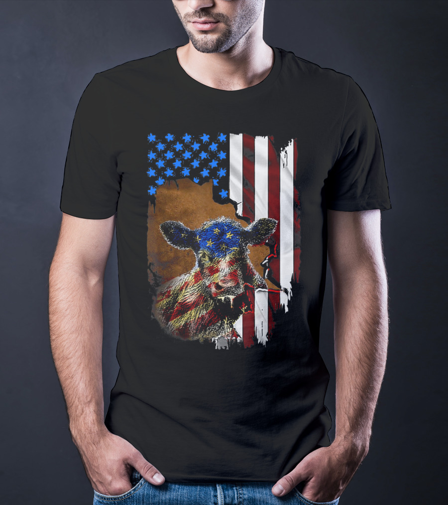 Heifer American Flag Farmer Cow Cattle July 4 T-Shirt