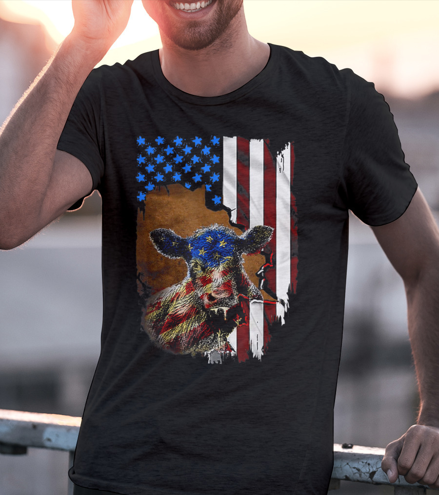 Heifer American Flag Farmer Cow Cattle July 4 T-Shirt