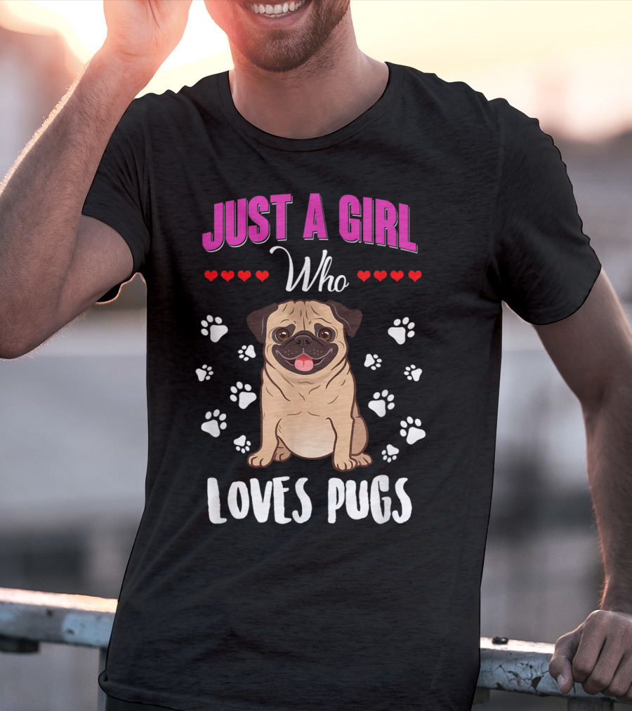 Just A Girl Who Loves Pugs With Paw Prints And Hearts T-Shirt
