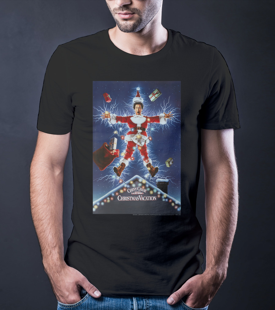 Chevy Chase Kids National Lampoon's Christmas Vacation Santa With Presents And Lights Explosion T-Shirt