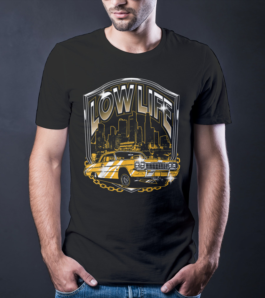 Lowrider Classic Car Low Life Skyline Scene T-Shirt