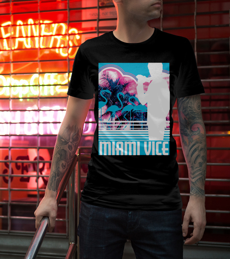 Miami Vice Neon Flamingo Silhouette Tropical T-Shirt