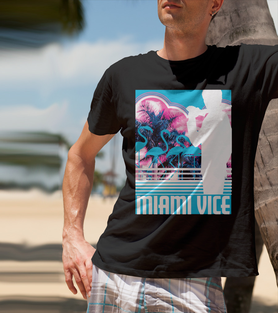 Miami Vice Neon Flamingo Silhouette Tropical T-Shirt