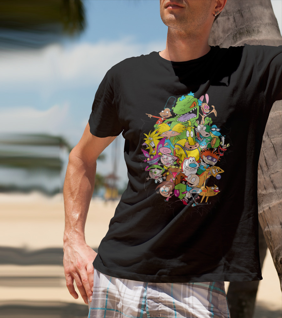 Nickelodeon Classic Characters Rugrats Hey Arnold Rocko's Modern Life Ren And Stimpy CatDog Fairly OddParents All Real Monsters Explosion T-Shirt