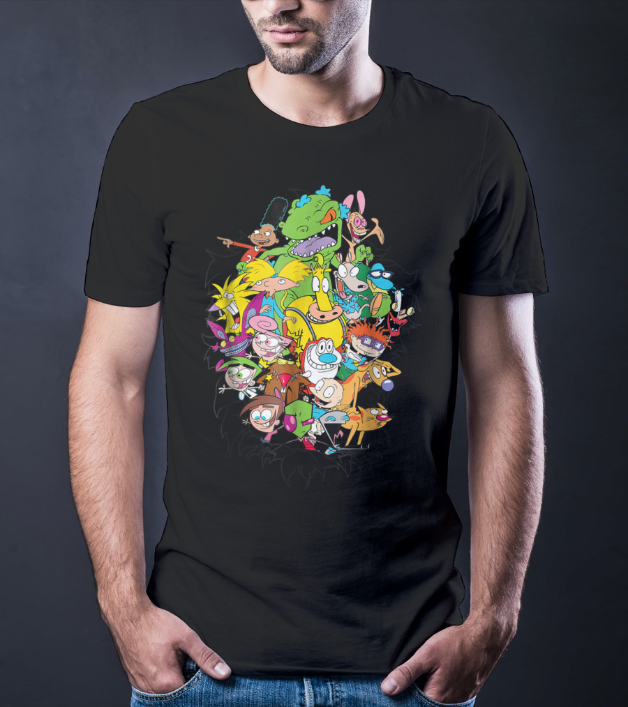 Nickelodeon Classic Characters Rugrats Hey Arnold Rocko's Modern Life Ren And Stimpy CatDog Fairly OddParents All Real Monsters Explosion T-Shirt