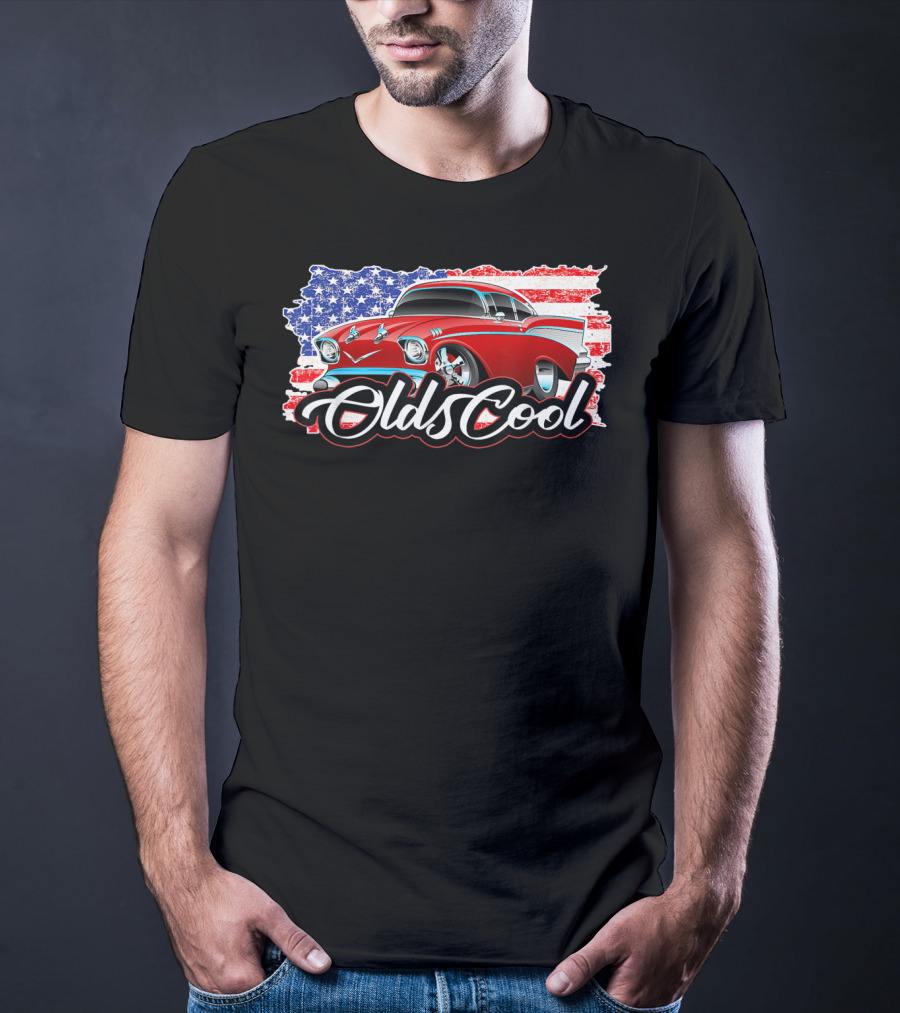 Olds Cool Classic Car 1957 American Flag Graphics T-Shirt