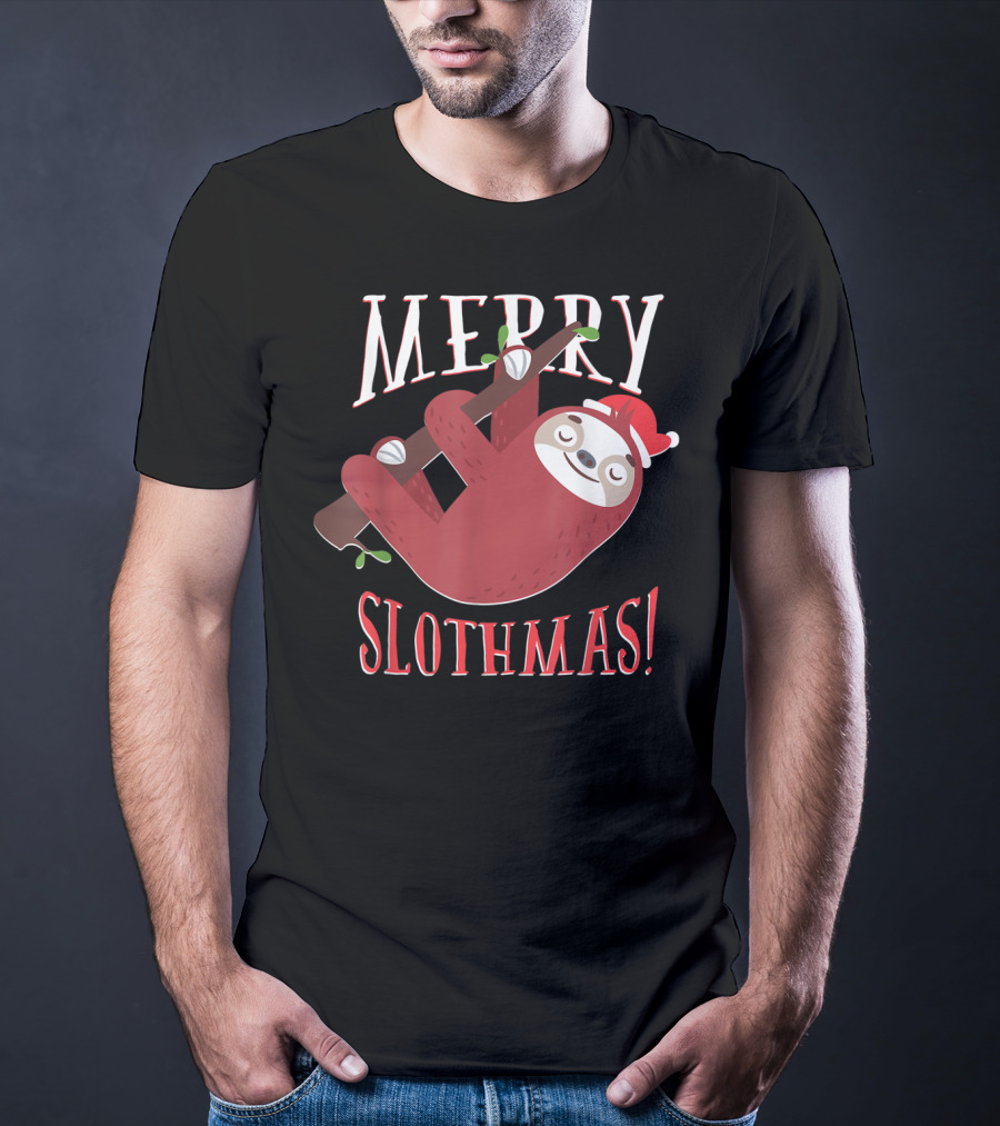 Merry Slothmas Santa Hat Sloth Holiday Greeting T-Shirt