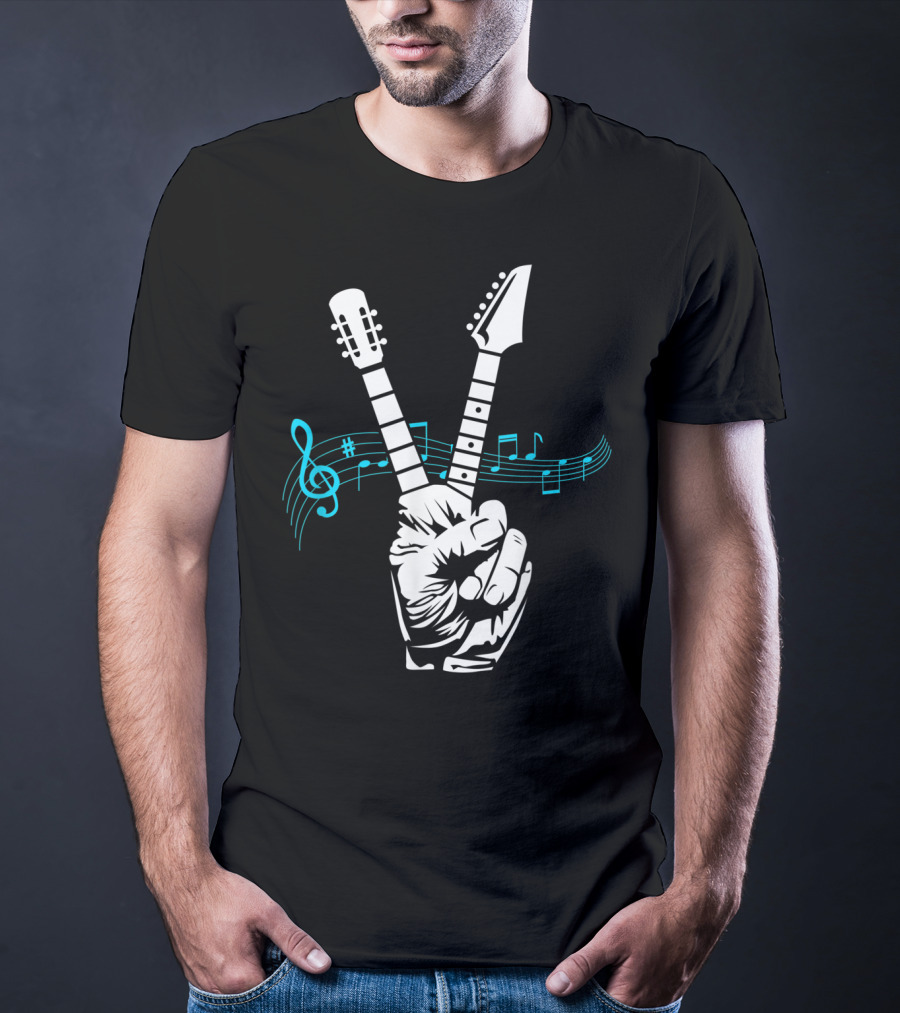 Peace Sign Guitar Neck Fingers And Musical Notes T-Shirt
