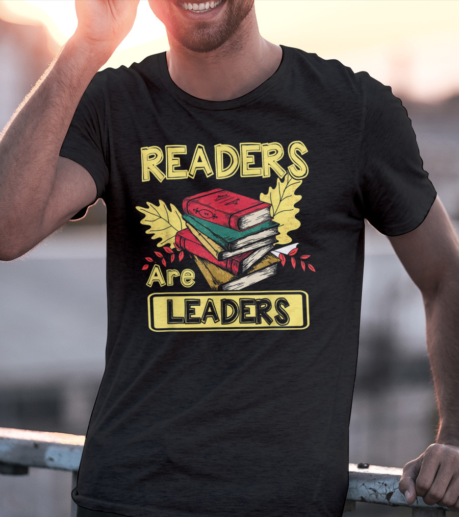 Readers Are Leaders Books With Fall Leaves Stacked T-Shirt