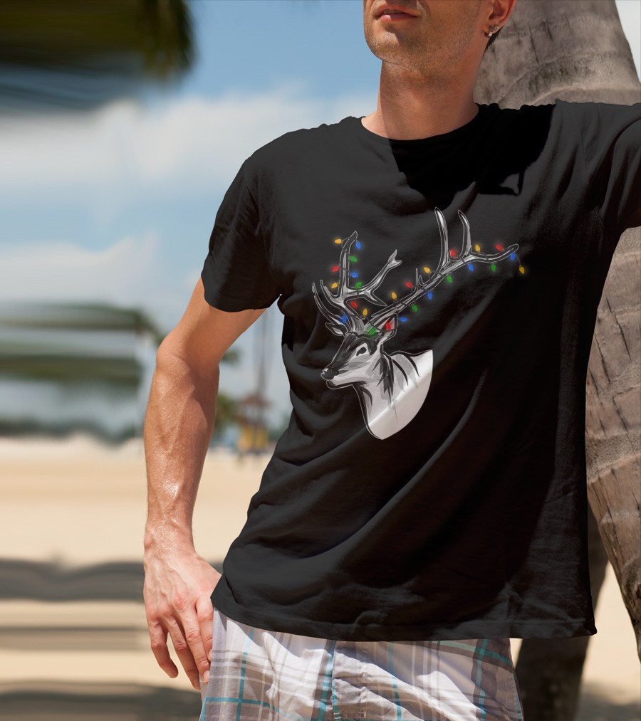 Reindeer With Colorful Christmas Lights On Antlers Funny Animal T-Shirt