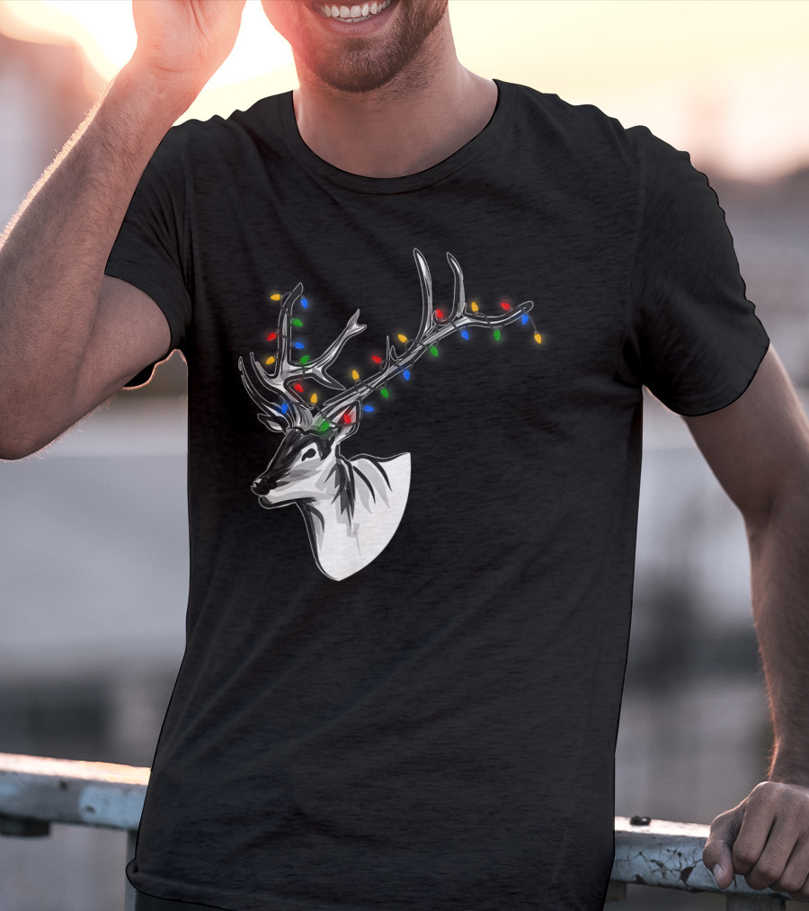 Reindeer With Colorful Christmas Lights On Antlers Funny Animal T-Shirt