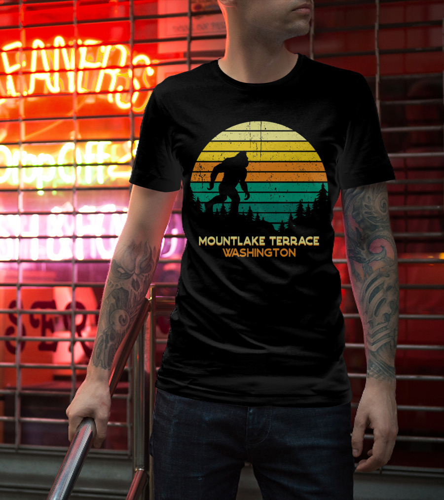 Mountlake Terrace Washington Retro Big Foot Sunset Forest Scene T-Shirt